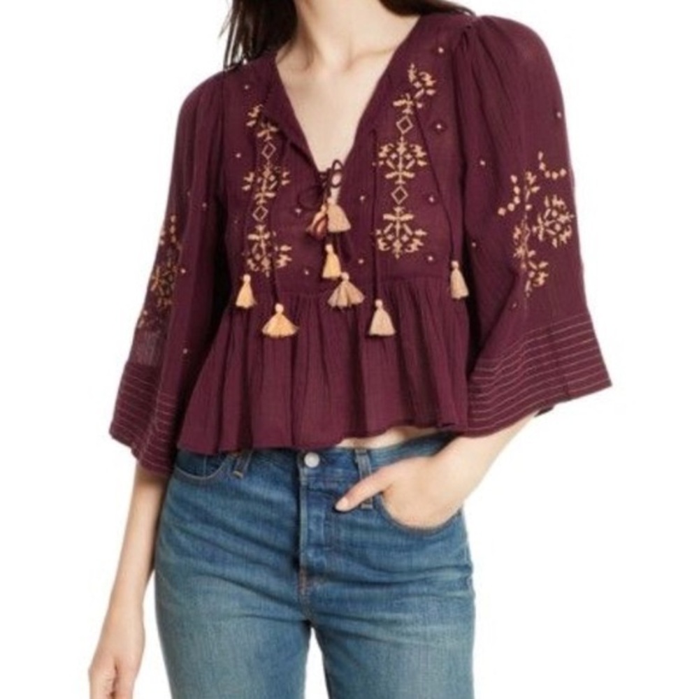 Free People Embroidered Tassel Peplum Top